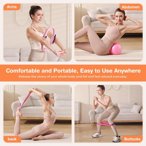 Vanlgs Pilates Kit 13Pcs Home Pilates Essentials Workout Kit with 13" Ring, 10" Ball and Resistance Bands for Women at Home Pilates Equipment Set for Beginners（Pink）