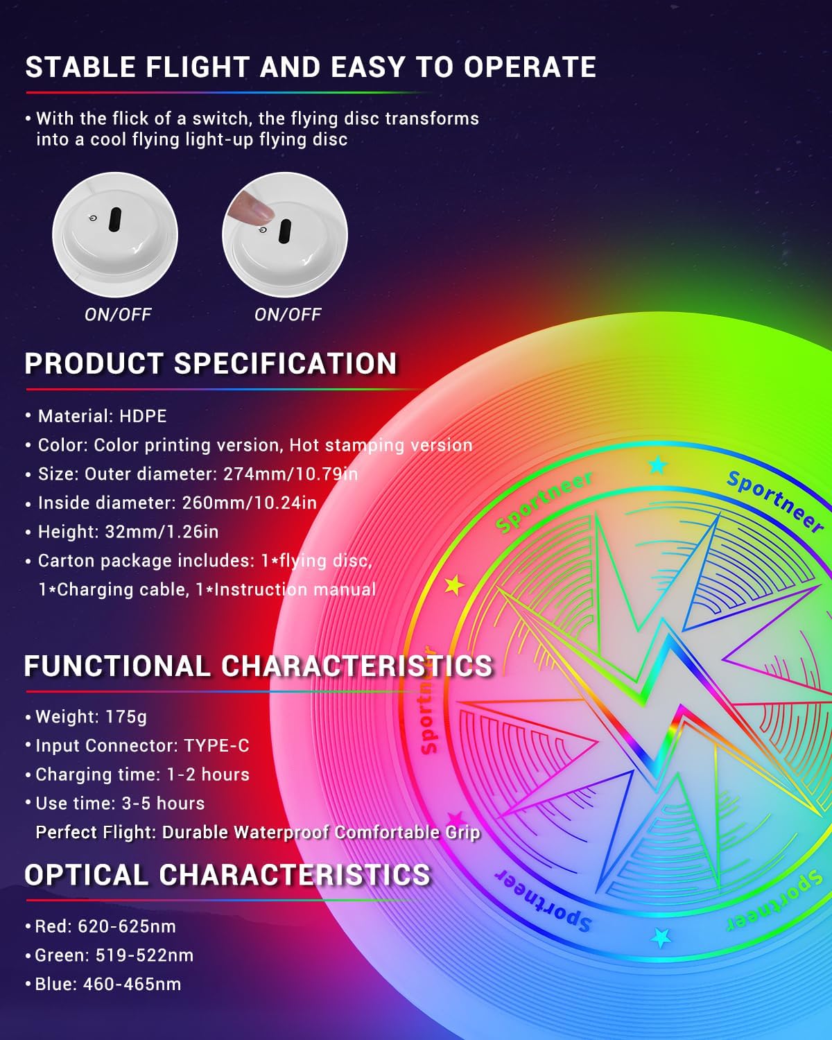 Sportneer LED Flying Disc - Light Up Frisbee with Motion Sensor & 3 Color Modes | USB-C Rechargeable, 175g for Night Games