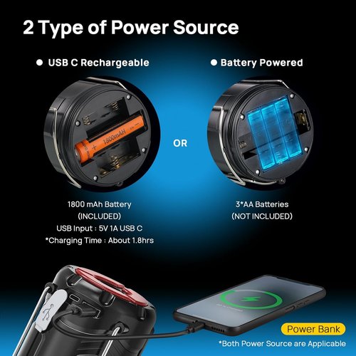 Consciot LED Camping Lantern - 2-Pack USB C Rechargeable & Battery Powered | Emergency Light with Flashlight & Magnetic Base - Black