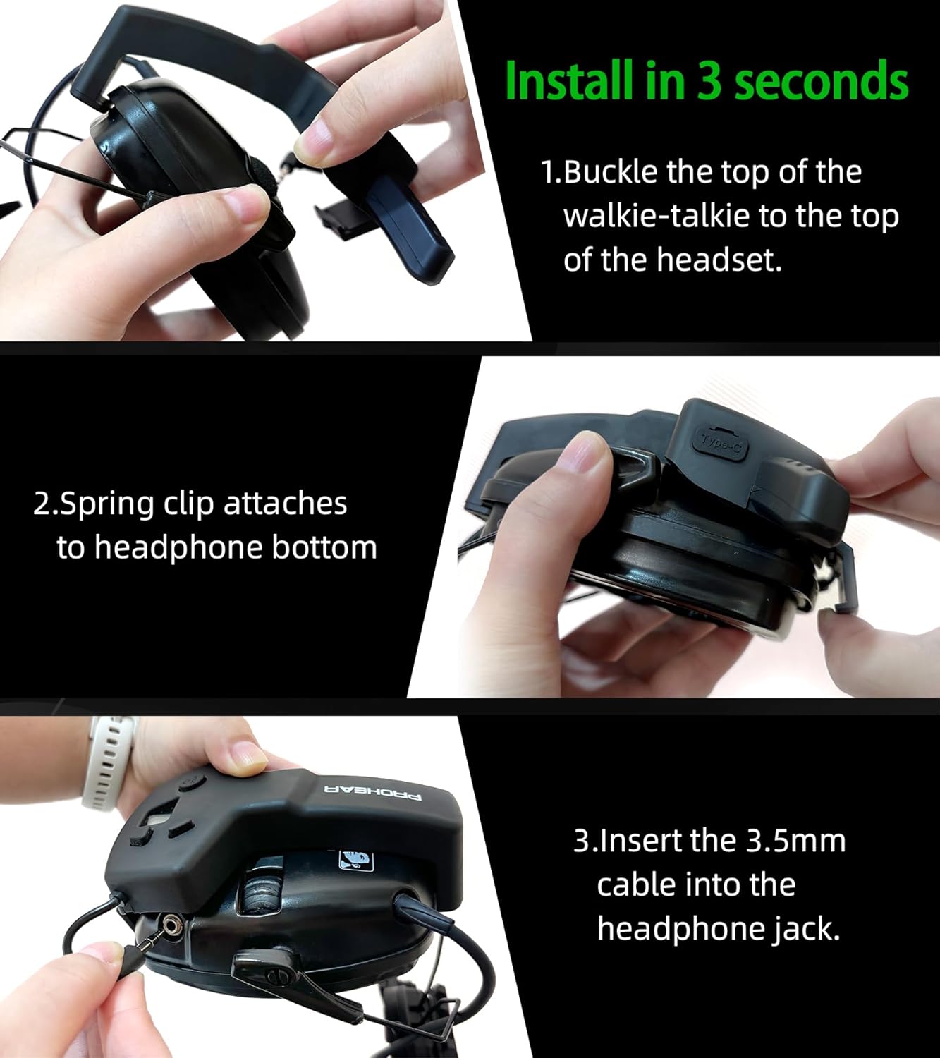 PROHEAR RH08 Walkie Talkie - Electronic Earmuffs with Rechargeable Battery for Shooting Range | Black