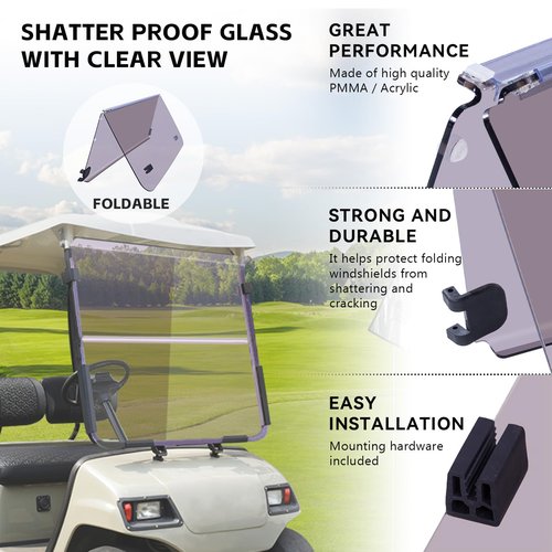 VPAHub Flip Flop Compact Golf Cart Windshield for YAMAHA G22, Tinted Color, 3/16" Thickness, Fits YAMAHA G22 (2003-2007)