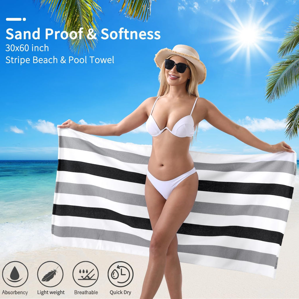 Skiennix Beach Towel Set - 4 Pack 30"x60" Quick-Dry, Sand-Free, Soft Absorbent Towels | Grey/Black