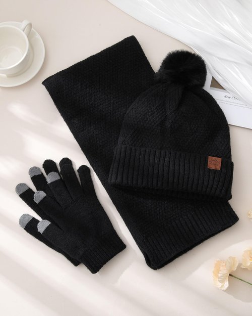 AWAYTR Winter Beanie Hat Gloves Scarf Set for Women - 3 Piece Knit Gift Set with Pom Pom Hat Touch Screen Gloves and Scarf (Black)