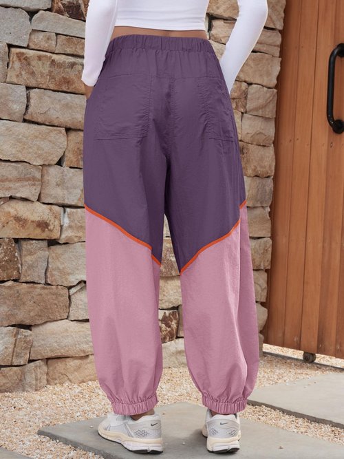 Fisoew Womens Baggy Wide Leg Pants Casual Elastic Waist Color Block Loose Workout Track Pants with Pockets Violet