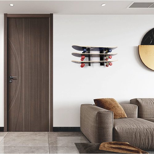 HHUXIUE Wall-Mounted Skateboard Mount - Space-Saving Horizontal Display Rack for Secure Skateboard Storage & Decoration (3 Layers Black)