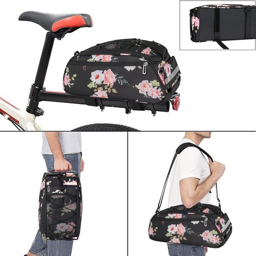 MOSISO Bike Rack Bag, Peony Waterproof Bicycle Trunk Pannier Rear Seat Pouch Cycling Bike Carrier Backseat Storage Luggage Saddle Shoulder Bag, Black