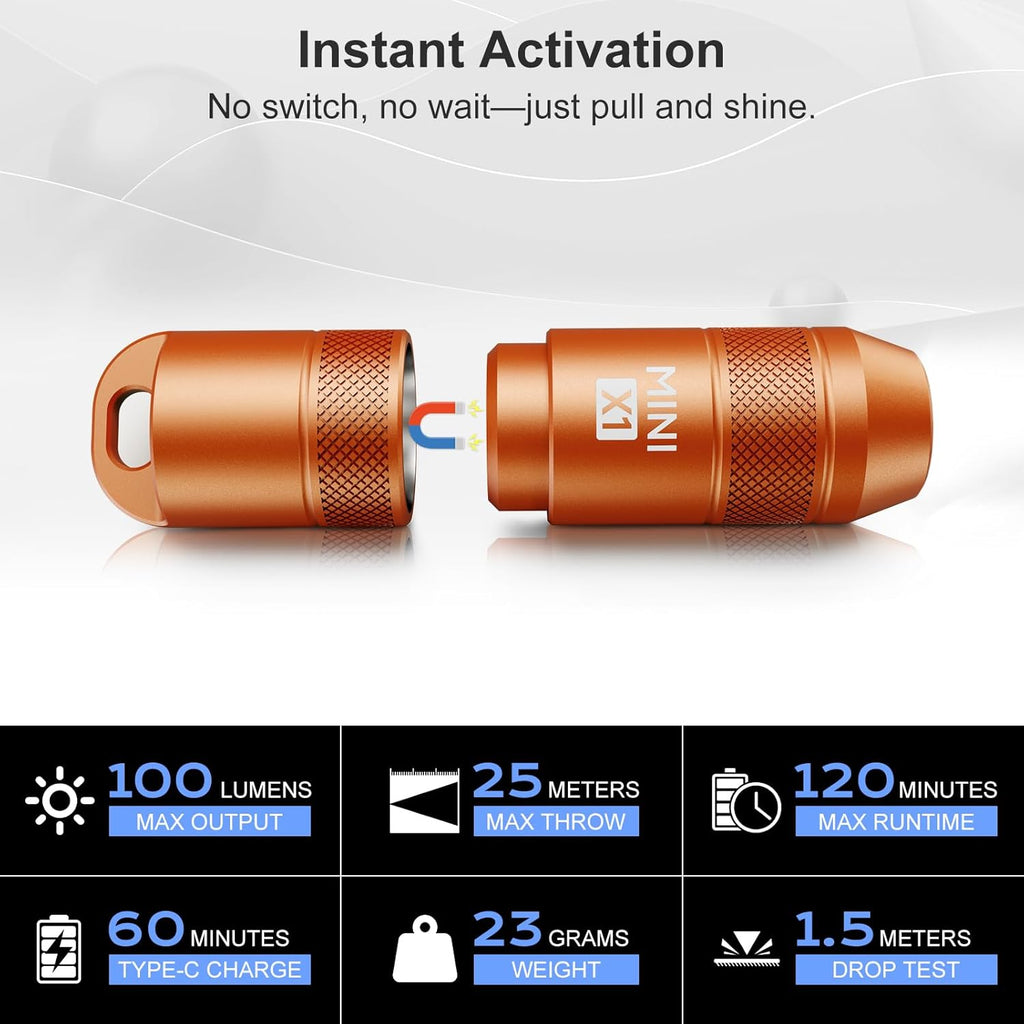 Skiennix Mini Keychain Flashlight - 100 Lumens USB-C Rechargeable Micro LED Torch | Waterproof IPX6, Orange