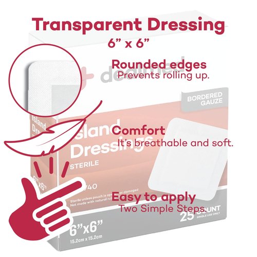 Dealmed Sterile Gauze Island Wound Dressing 6" x 6" Gauze Pads, Disposable, Latex-Free, Adhesive Borders with Non-Stick Pads First Aid Kit and Medical Facilities 25 Count