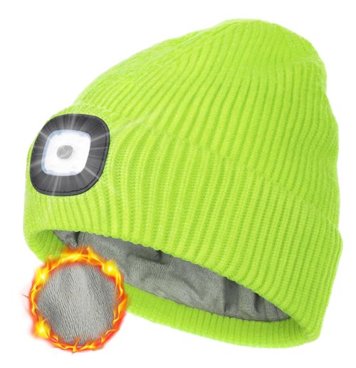 MELASA Fleece Lined LED Beanie with The Light for Men Women, Warm Stocking Hat with Light Built in, USB Rechargeable Hand Free Headlamp Beanie, Gifts for Dad Husband Fluorescent Yellow