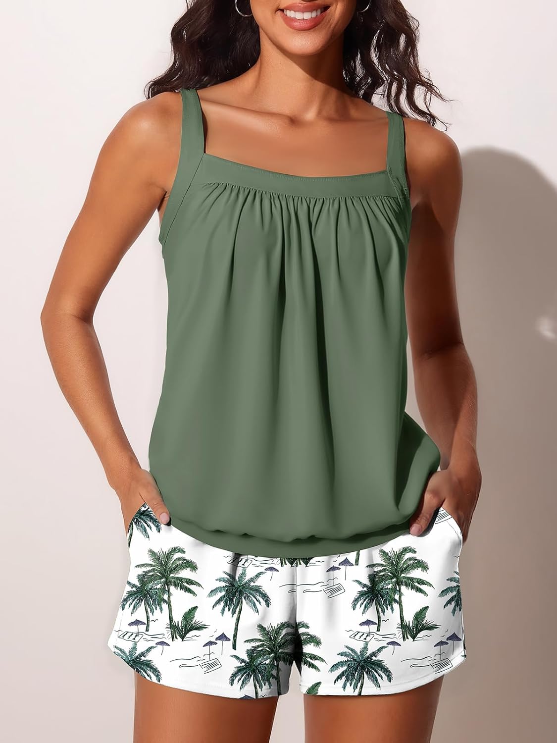 Summer Mae Blouson Womens Tankini Swimsuits 2026 Modest Tummy Control Bathing Suits Swim Shorts with Pockets for Beach