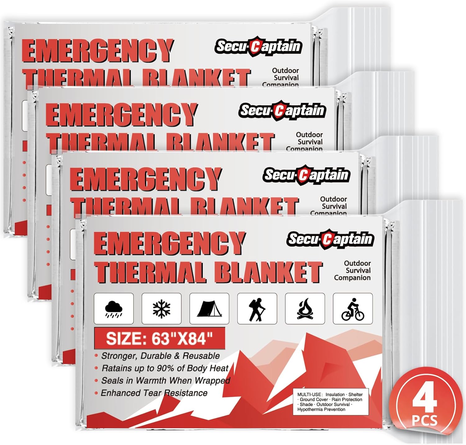 SecuCaptain Emergency Thermal Blankets - Extra Large 84” x 63” Mylar Survival Kit for Winter Camping | 4 Pack