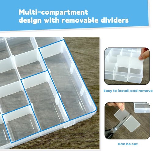 Megoogo Clear Plastic Organizer Box - 24 Grids with Adjustable Dividers for Crafts & Small Items | Bead Storage Container with Labels
