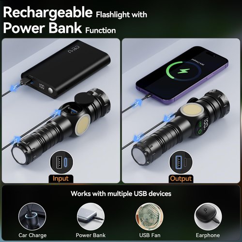 Flashlight Rechargeable 2000 High Lumens Ultra-Bright Covers 3200 ft² Focus Up to 3900 feet,IPX7 Waterproof Tactical LED Flashlight with COB SideLight & Magnetic Base for Camping Home Emergency
