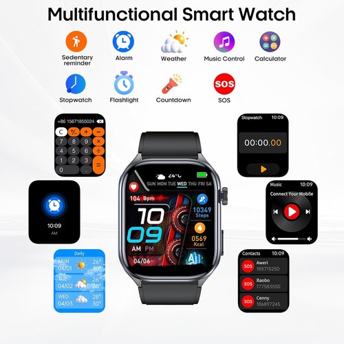 hellibito Advanced Health Smartwatch for Women Men with Real-Time Monitoring of Heart Rate, Sleep Quality and Stress Levels, Always-On Display，Bright Flashlight (Black)