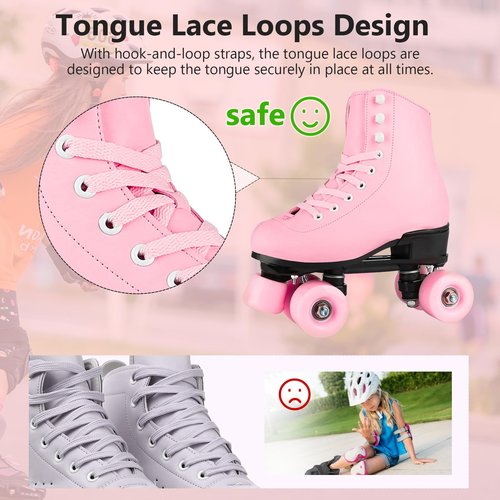 HALOSK Outdoor Roller Skates for Women Girls Boys and Youth, Pink Derby Quad Rollerskates with Light up Wheels, High-top Leather Suitable for Indoor Outdoor Size US 8
