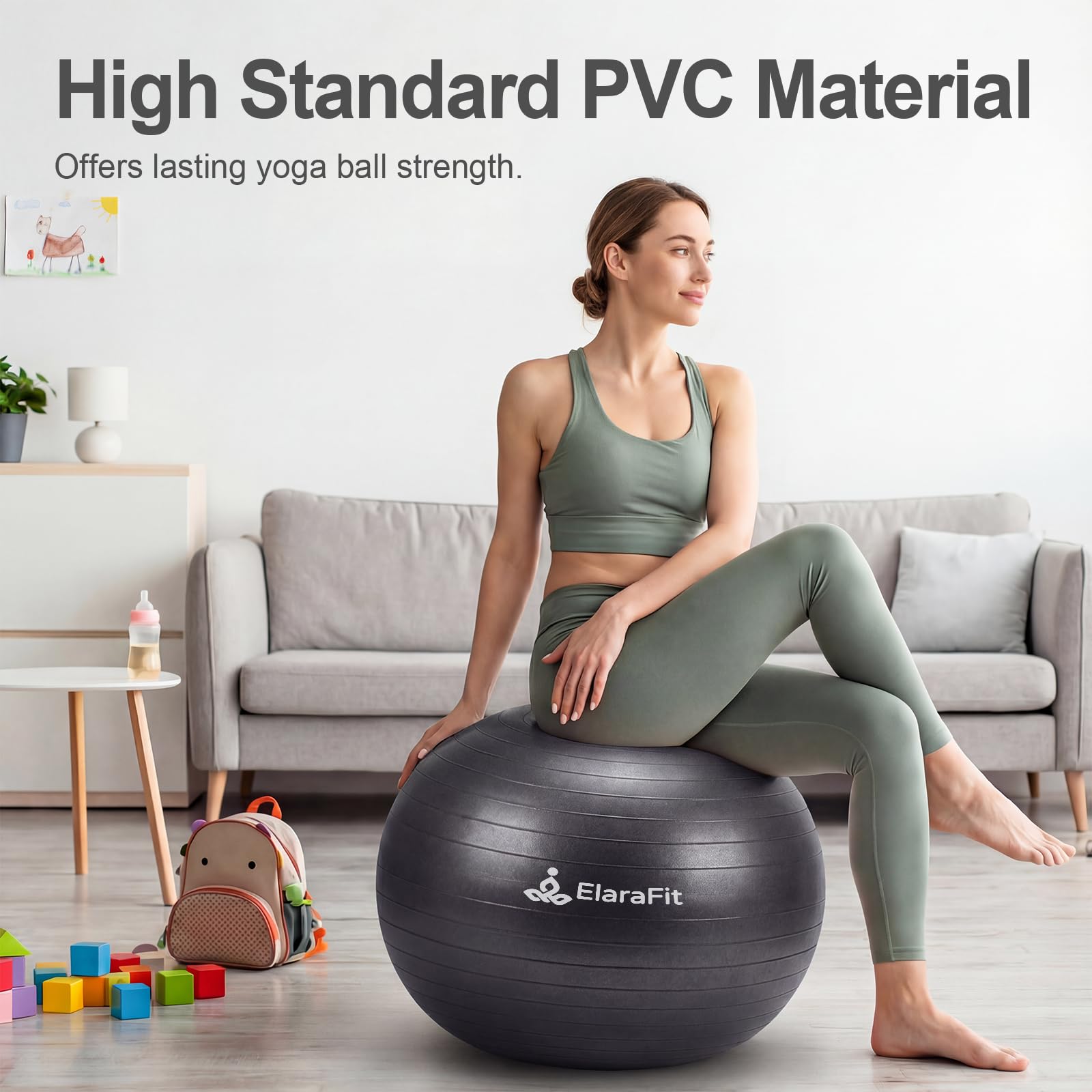 ElaraFit Anti Burst Large Exercise Ball for Yoga Non Slip Pilates Ball with Pump 550 lbs Capacity for Pregnancy, Fitness Size L 23 to 26 inches, About 58 to 65cm (Black)