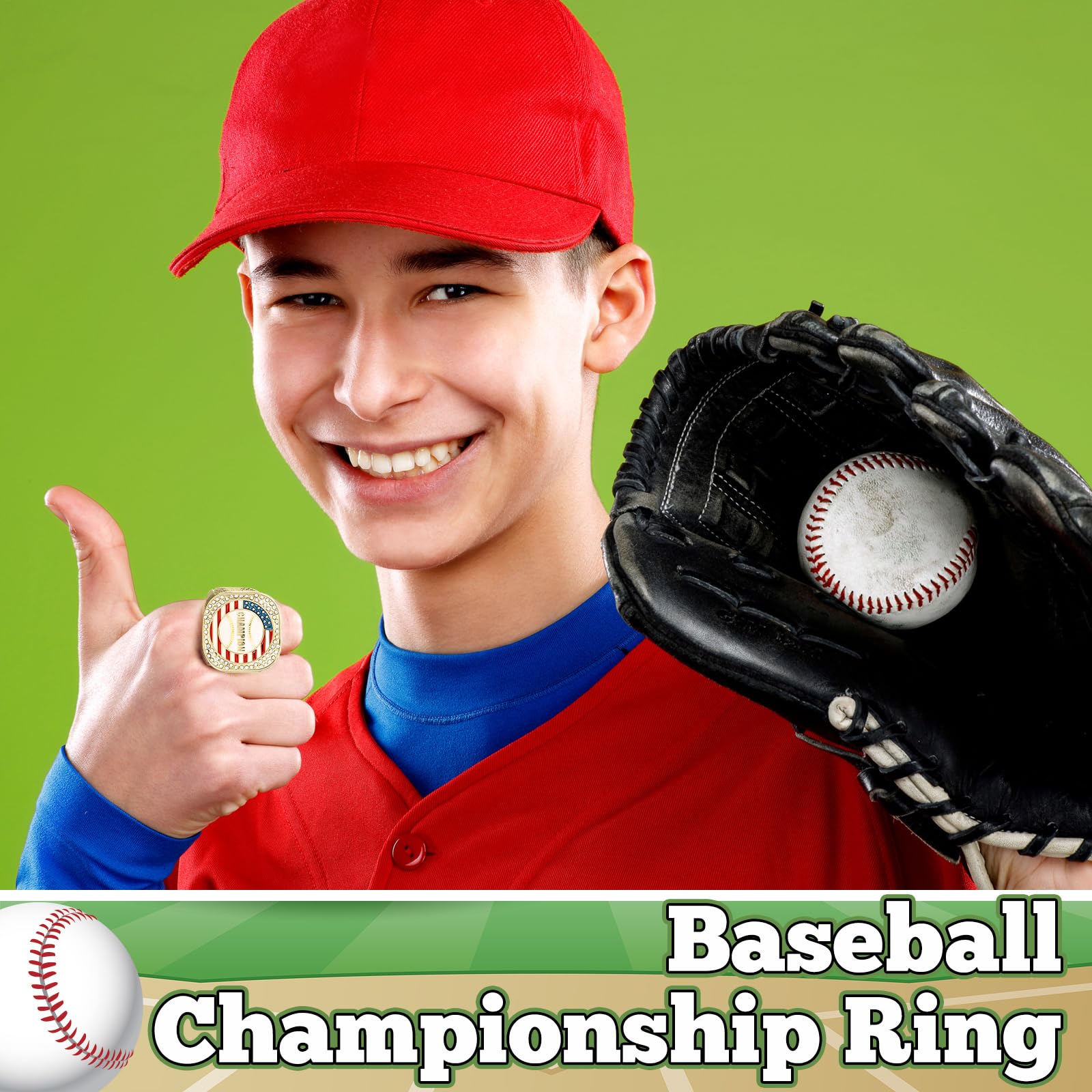 Landical 6 Set Baseball Championship Ring with Display Case and Stand Holder Championship Ring Case Acrylic Display Box and Holder Champion Trophy Rings for League Winner (Baseball,Gold)