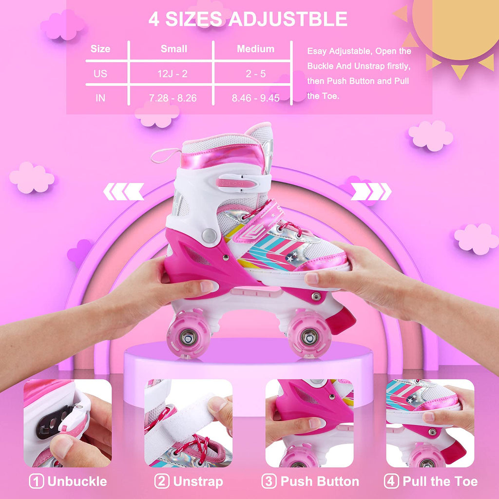Roller Skates for Kids Girls Boys Beginners, 4 Size Adjustable Size with Light Up Wheels for Children (Pink, Medium(2-5))
