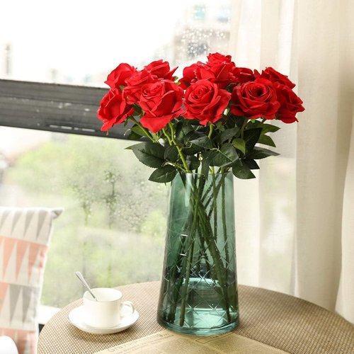 Laelfe Artificial Red Roses - 12 Pcs Long Stem Silk Flowers for Home & Wedding Decor | Vibrant Red