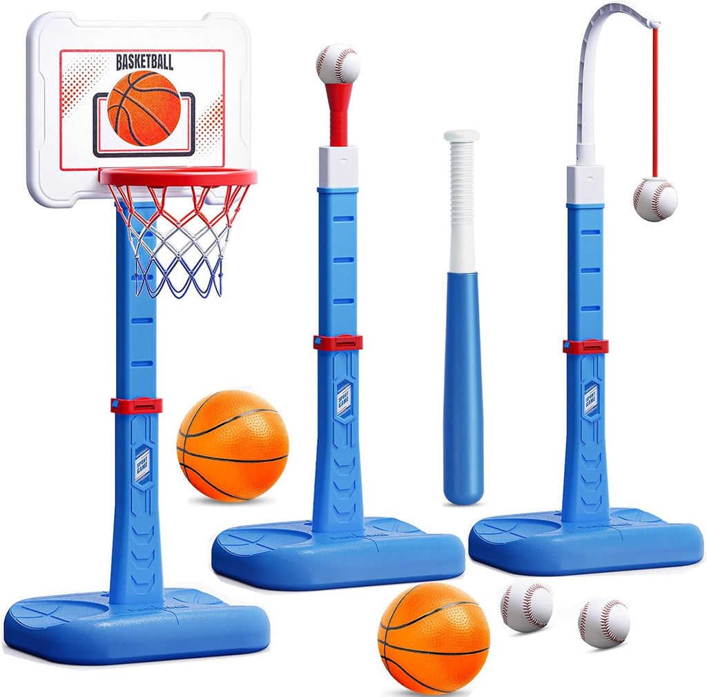 Skiennix 3-in-1 Kids Basketball Hoop & T-Ball Set - Adjustable Height Indoor/Outdoor Sports Toy for Ages 3-5 (Blue)