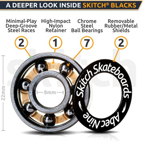 SKITCH Precision Fast Spin Bearings Set | 8 Pack 608 2RS ABEC 9 Chrome Steel Deep Groove Ball Bearing Set for Skateboards, Longboards, Inline Skates, Scooters | + Washers + Spacers | 8mm x 22mm x 7mm