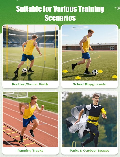 GHB Speed Agility Training Equipment, 6 Agility Poles, 20ft Agility Ladder, 12 Disc Cones, Resistance Parachute, Jump Rope, 4 Resistance Bands, Soccer Training Poles for Speed Agility Training