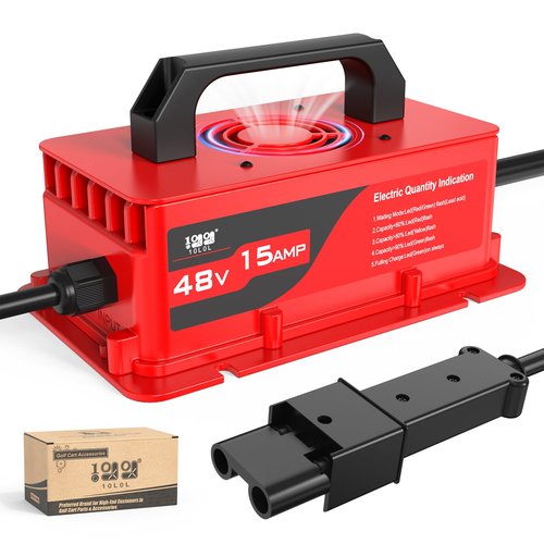 10L0L 15 Amp 48 Volt Golf Cart Charger for Yamaha G19 G22 with Plug- Lightweight Smart Charging for Lead Acid Batteries, Auto-Shut Off Protection, IP67 Waterproof - Black/Red