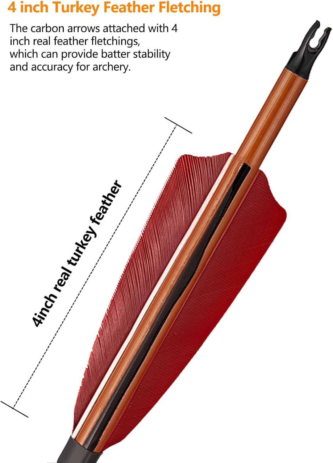 TOPARCHERY Premium 30" Carbon Hunting Arrows - 4" Real Turkey Feathers Fletching | 500 Spine for Recurve & Long Bow - 12 Pack