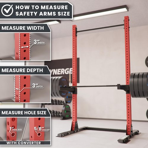 Synergee Safety Arms for 3x3 Power and Squat Racks, Fits Racks with 1" and 5/8" Holes. Rack-Mounted Safety Arm Attachment for Spotting, Bench Press, and Squats.