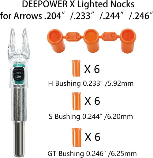 DEEPOWER Lighted Nocks for Arrows - ON/OFF Switch with H, S, GT Bushings | Fits .204”/.233”/.244”/.246”