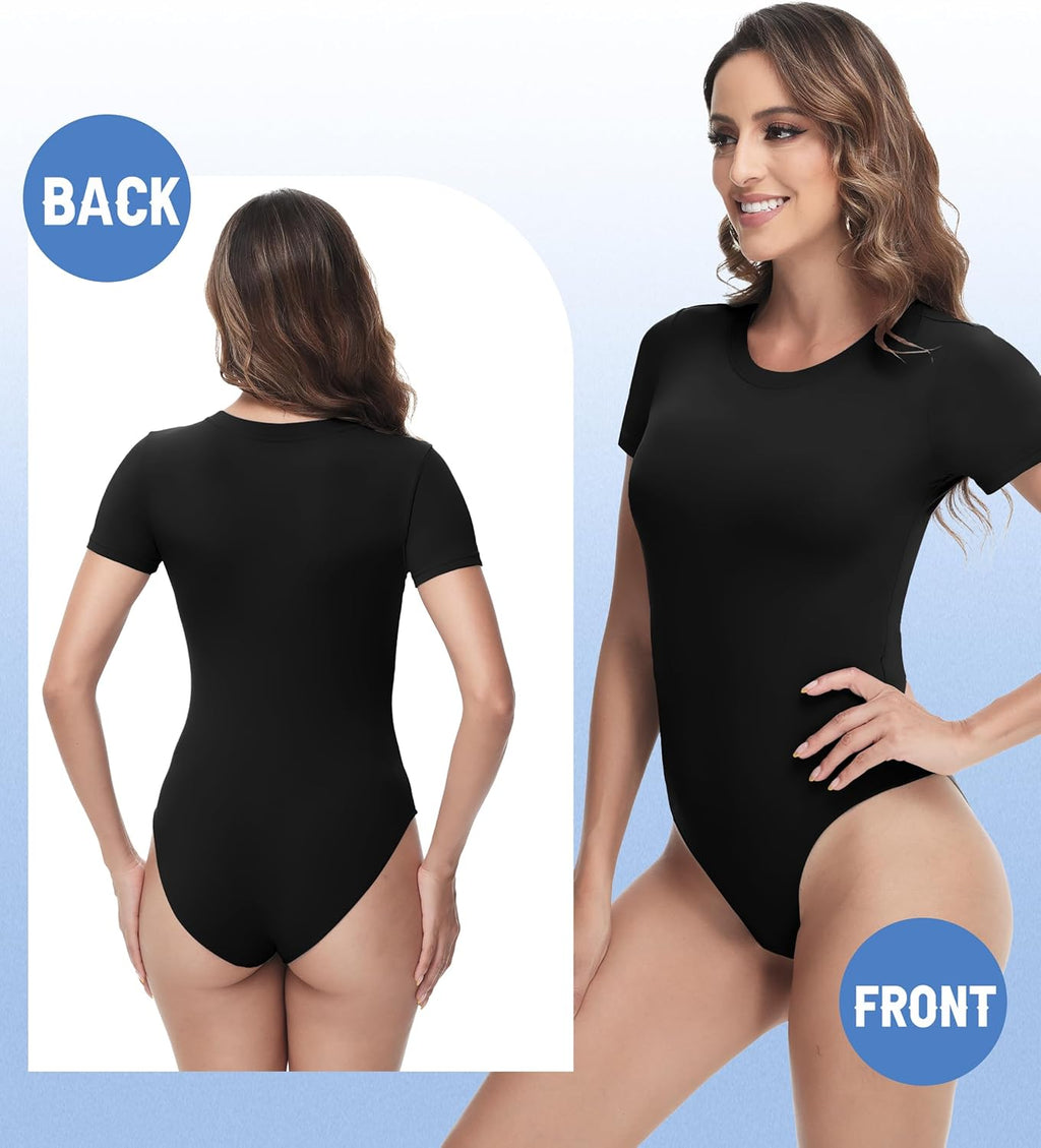 Skiennix Stretchy Bodysuits for Women - 5 Pack Round Neck Tops for Casual Outings