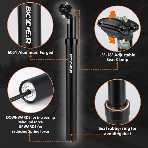 BICYCGEAR Suspension Seatpost 27.2 30.4 30.9 31.6 Bike Seat Posts with Suspension 40mm Travel Bicycle Seat Shock Absorber Aluminum Tube for E Bike MTB BMX Road City Bike Replacement Component Parts