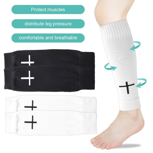 2 Pairs Pre Cut Soccer Socks, Polyester Shin Guard Sleeves White Black Cross Leg Sleeves Pre Cut Socks for Football Basketball Running