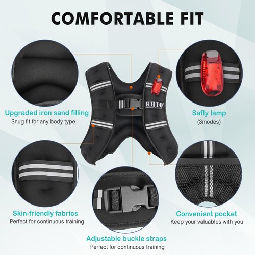 KHTO Weighted Vest Woman Men-5lbs/10lbs/15lbs/20lbs/25lbs/31lbs Weight Vest with Warning Light Reflective Strip for Workout, Strength Training, Running(5LB)