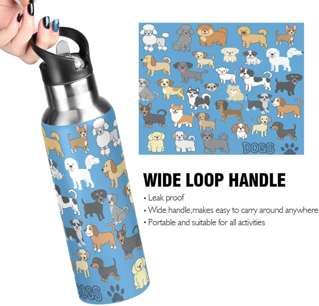 Skiennix Puppy Dog Water Bottle - Insulated Stainless Steel Flask with Straw Lid | 20 Oz, Blue