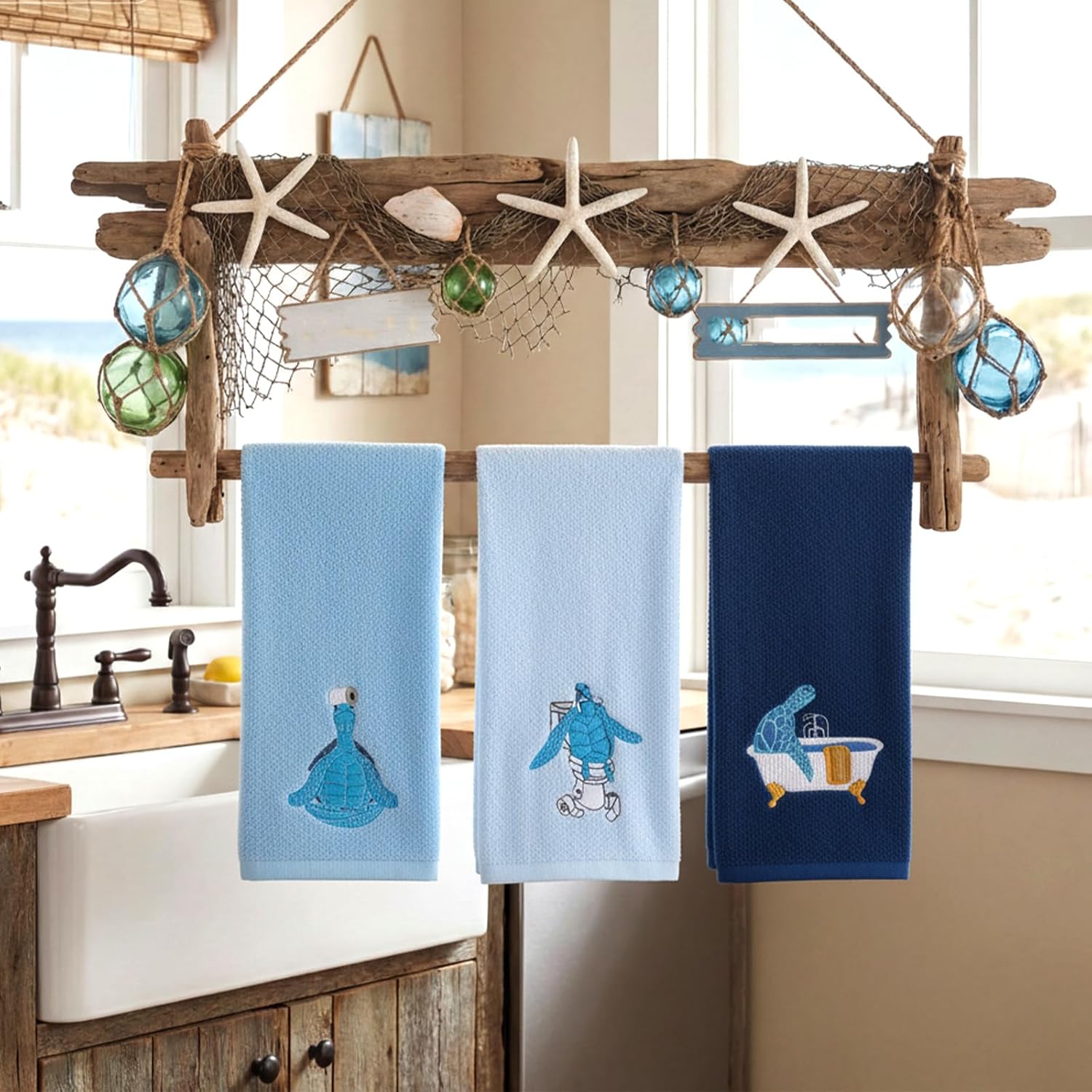Skiennix Funny Sea Turtle Hand Towels - 100% Cotton Coastal Bathroom Decor | Soft & Absorbent, 29.5 x 13.8 Inch