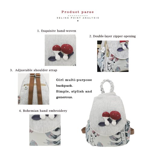 HUANGGUOSHU Women Cotton Woven Bohemian Hemp Boho Canvas Embroidery Multi Pocket Retro Cute Backpack Wallet Backpack（Mushroom）
