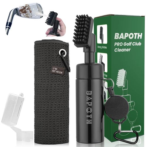BAPOTH Golf Club Cleaner, Non-Leaking Stretchable Golf Club Brush with Microfiber Golf Towel (23.6 * 15.7 in), Strong Bristles Golf Brush Can Hold 5oz Water, Essentials Golf Accessories for Men