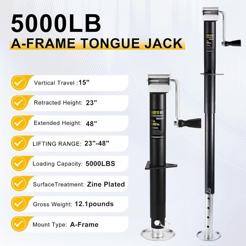 5000 lbs A-Frame Trailer Jack by [Brand Name] - Heavy Duty Side Wind Jack with 15" Vertical Travel & Adjustable Drop Leg