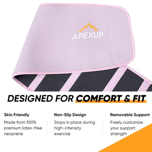 APEXUP Waist Trainer for Women Lower Belly Fat, Men Sweat Band, Stomach Wrap, Waist Trimmer with Removable Lumbar Support (Pastel Pink, L)