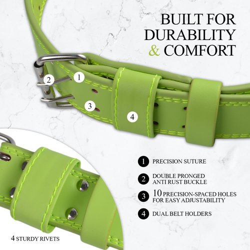 Leather Weightlifting Belt, 10 Adjustable Holes, 4”Width, Double Prong Power Belt for Gym Bodybuilding, weightlifting, powerlifting, squats and deadlifts (Neon Green, M (30"-33"))