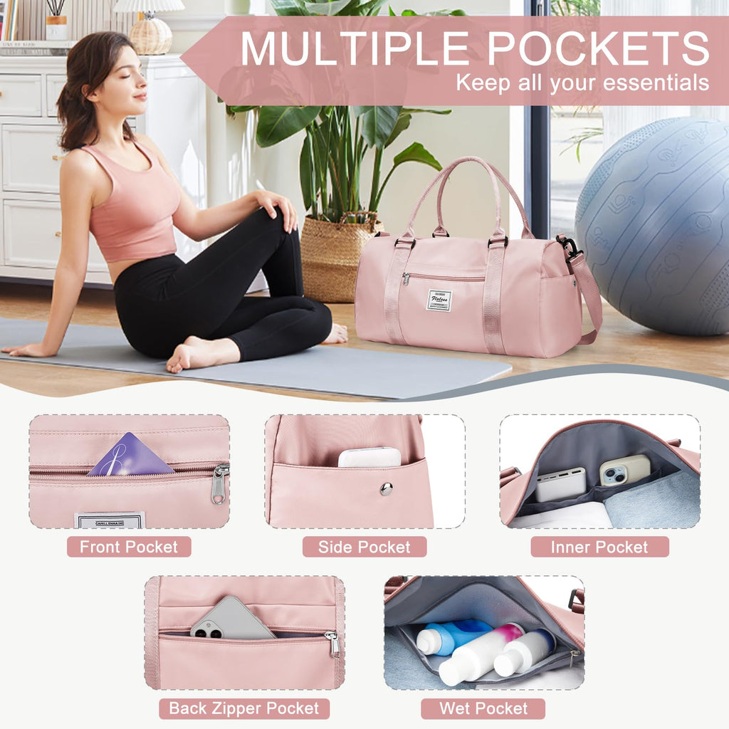 Gym Bag for Women Men with Shoes Compartment,Sports Duffle Bag Personal item travel Duffel Bags Tote Bag Small Carry on Weekender Overnight Bags Workout Dance Bag Hospital Holdalls Pink