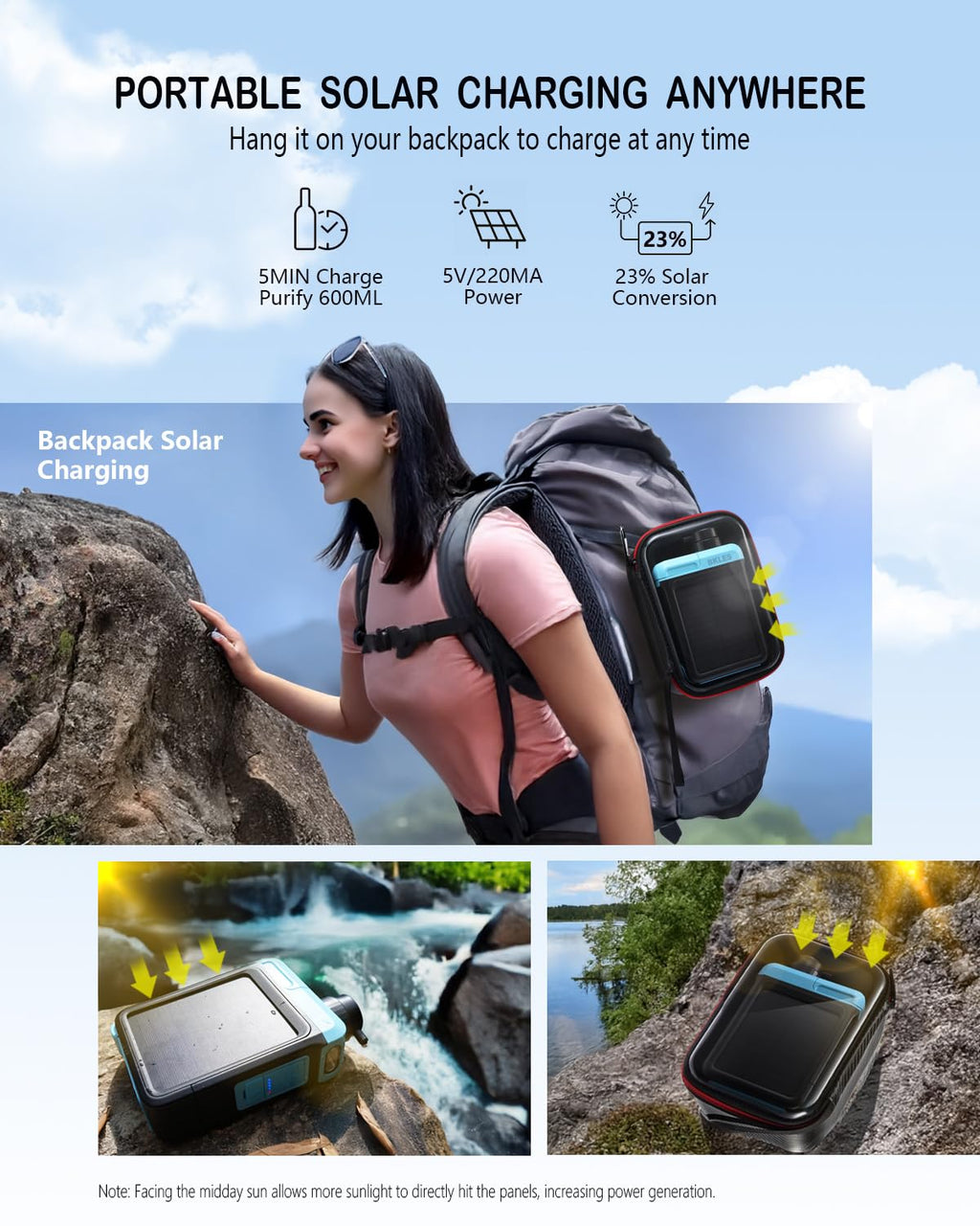 Skiennix 3-in-1 Solar Electric Water Filter - Portable Camping Water Purifier with Hand Pump & Emergency Light