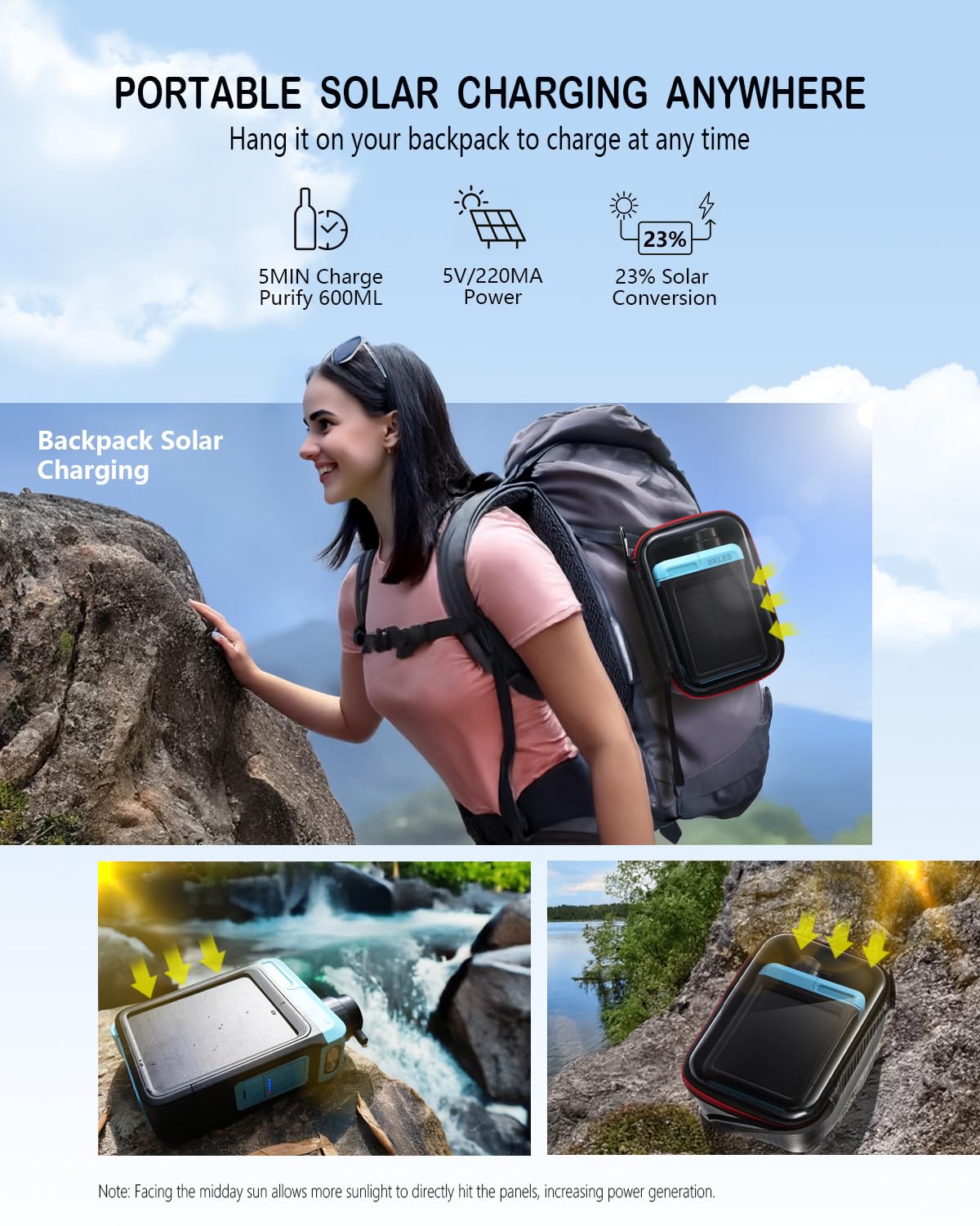 Skiennix 3-in-1 Solar Electric Water Filter - Portable Camping Water Purifier with Hand Pump & Emergency Light