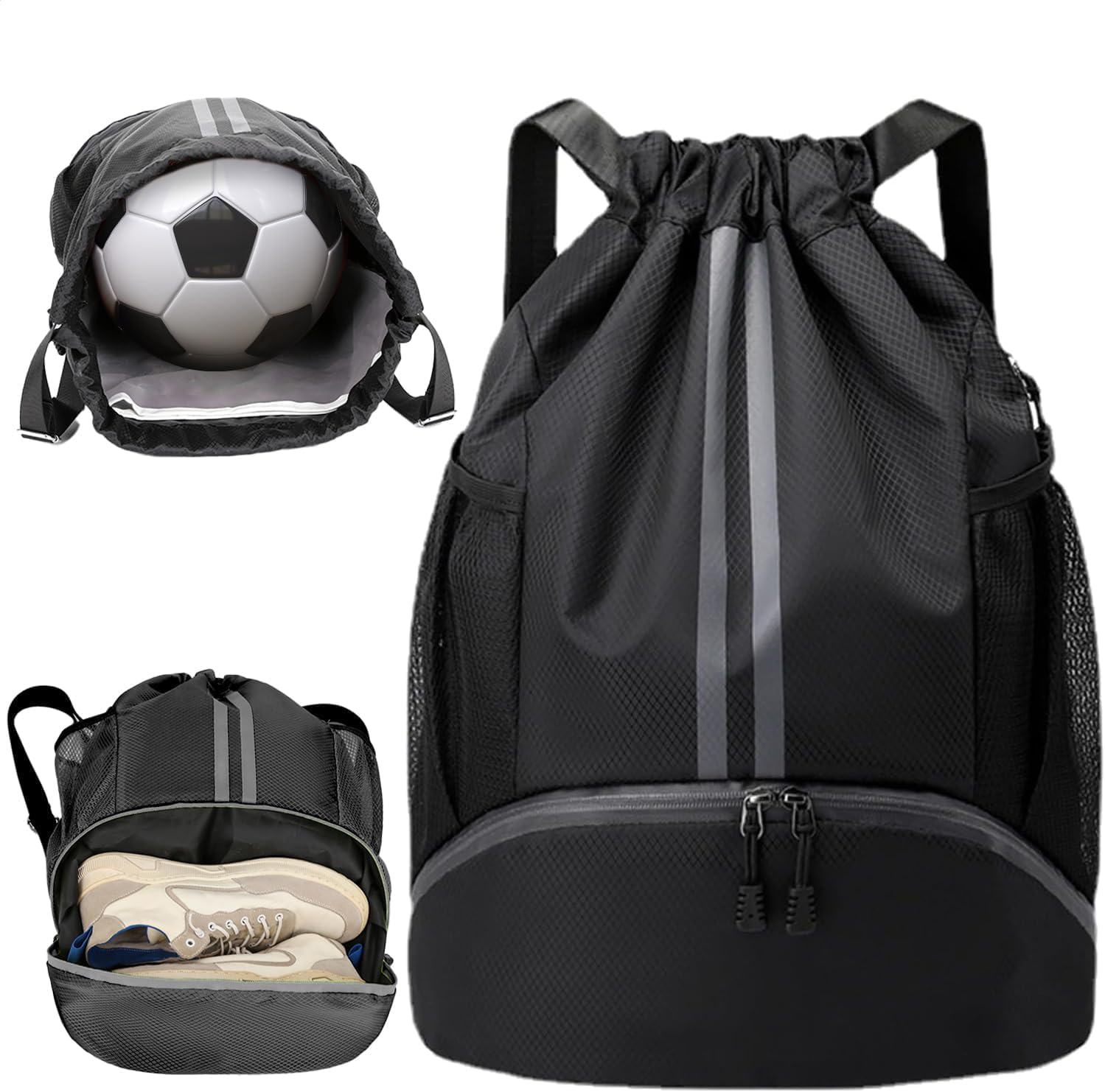 Skiennix Waterproof Drawstring Backpack - Unisex Gym Bag with Wet/Dry Separation | Black, One Size