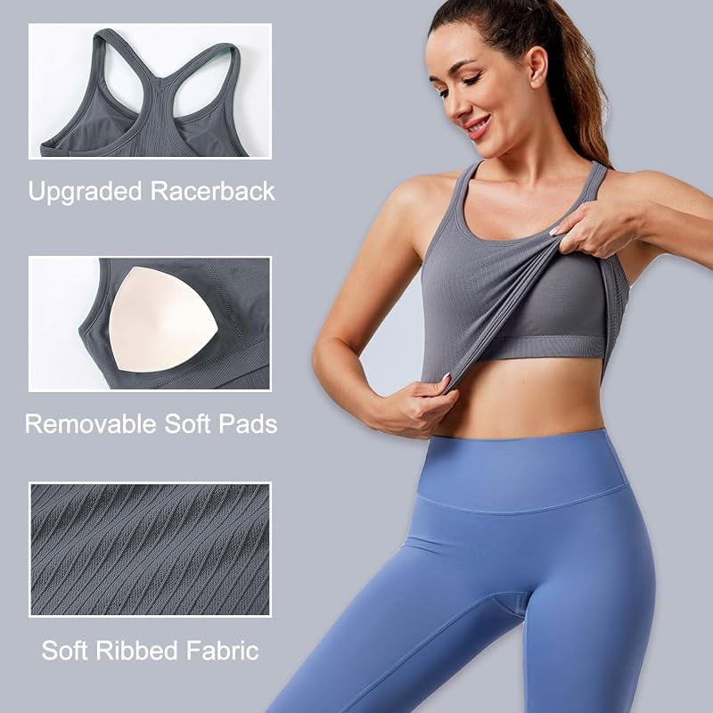 Women's Workout Tank Tops with Built-in Bra, Racerback, 3 Pack - Black French Blue White