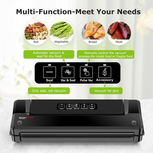 Bonsenkitchen Vacuum Sealer Machine - Compact Food Sealer for Meal Prep & Storage | 5 Bags Included, Black