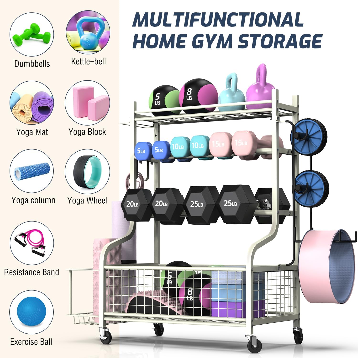PLKOW Dumbbell Rack - All-In-One Home Gym Storage for Dumbbells, Kettlebells & Yoga Mats - Durable Steel with Wheels