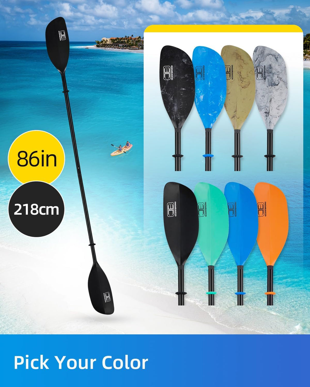 OCEANBROAD Kayak Paddle - Floatable 2-Piece Alloy Shaft Oar | 86in/218cm & 90.5in/230cm Options