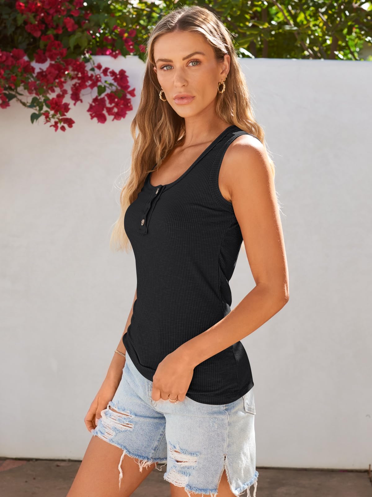 Kissfix Tank Tops for Women Summer Casual Cute Sleeveless Henley Shirts Beach Vacation Clothes Basic Tees Black L
